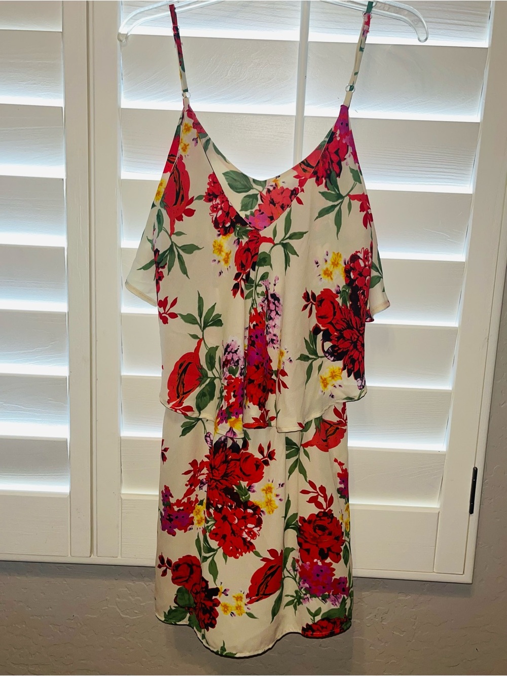 Floral Spaghetti-Strap Mini Dress in White with Red & Pink Blooms
